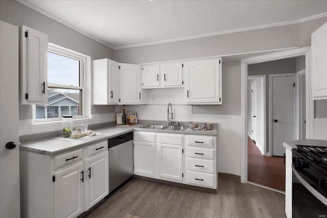 kitchen featuring black gas range, stainless steel dishwasher, dark wood-type flooring, white cabinetry, and a sink