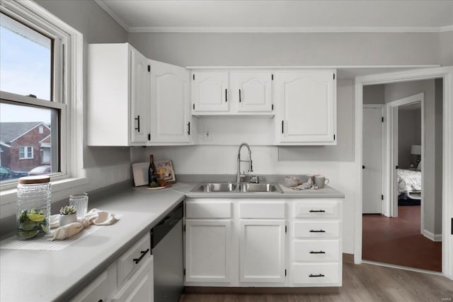 kitchen featuring wood finished floors, a sink, white cabinets, light countertops, and stainless steel dishwasher