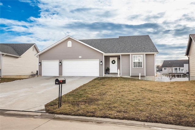 ranch-style house featuring a garage, concrete driveway, a front lawn, and a shingled roof