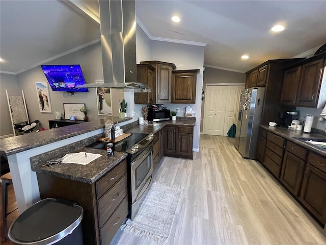 kitchen with stainless steel appliances, a peninsula, vaulted ceiling, island exhaust hood, and crown molding