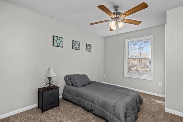 bedroom featuring carpet floors, ceiling fan, and baseboards