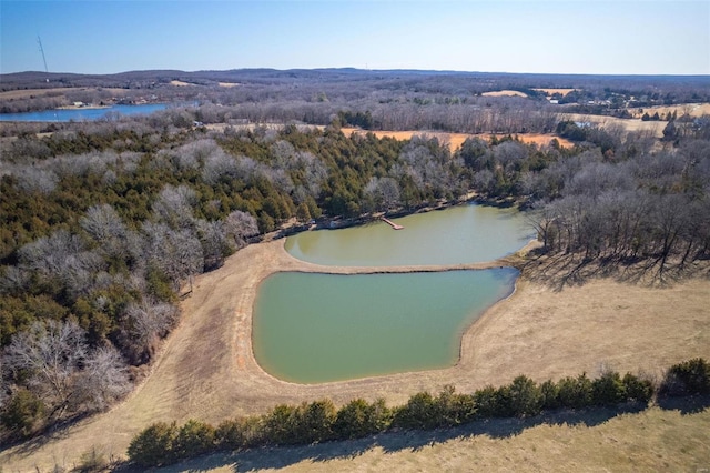 aerial view featuring a water view and a view of trees