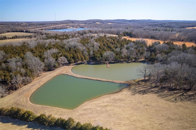 aerial view with a water view and a wooded view