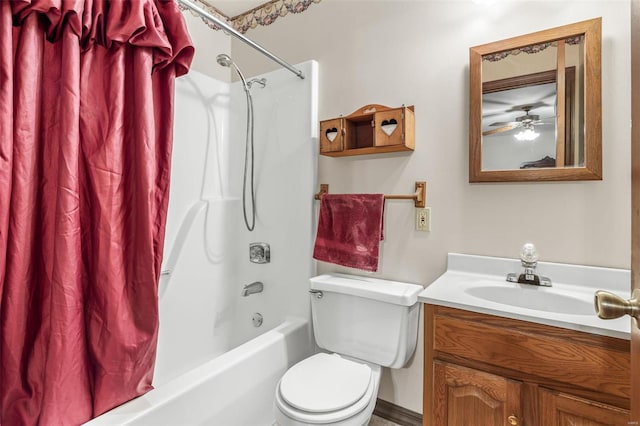 full bath with toilet, shower / bath combo, and vanity