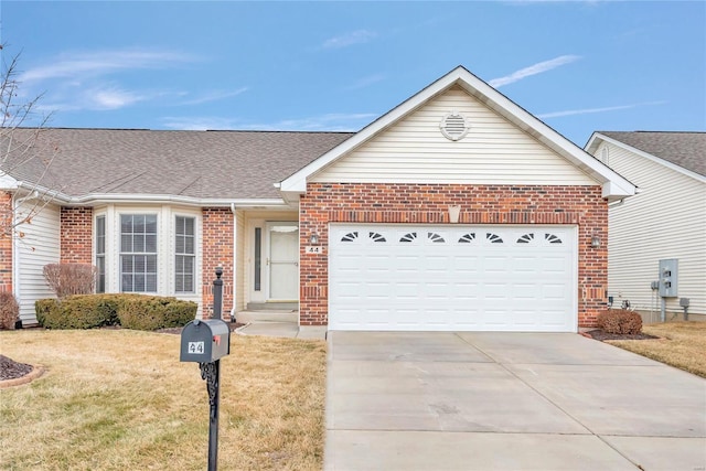 single story home with an attached garage, brick siding, concrete driveway, roof with shingles, and a front lawn