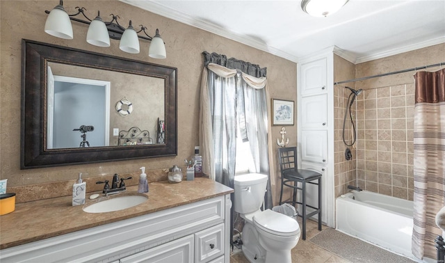 full bath featuring vanity, ornamental molding, tile patterned flooring, shower / bath combo with shower curtain, and toilet