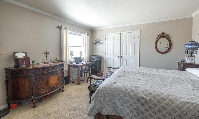 bedroom featuring a closet, light colored carpet, and ornamental molding