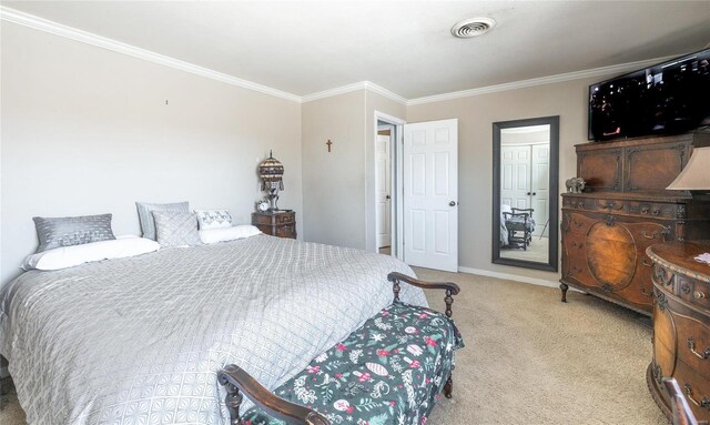 bedroom featuring visible vents, carpet flooring, crown molding, and baseboards