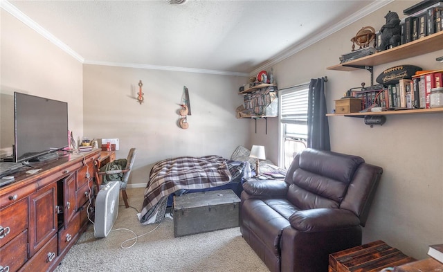 bedroom featuring carpet flooring and ornamental molding