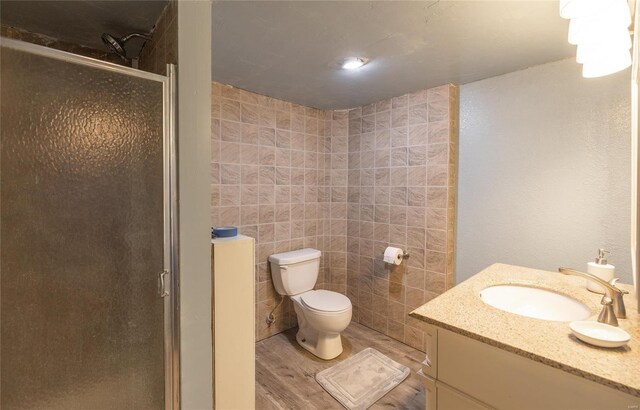 bathroom with vanity, wood finished floors, a shower stall, and toilet