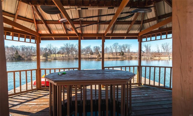 dock area featuring a gazebo and a water view