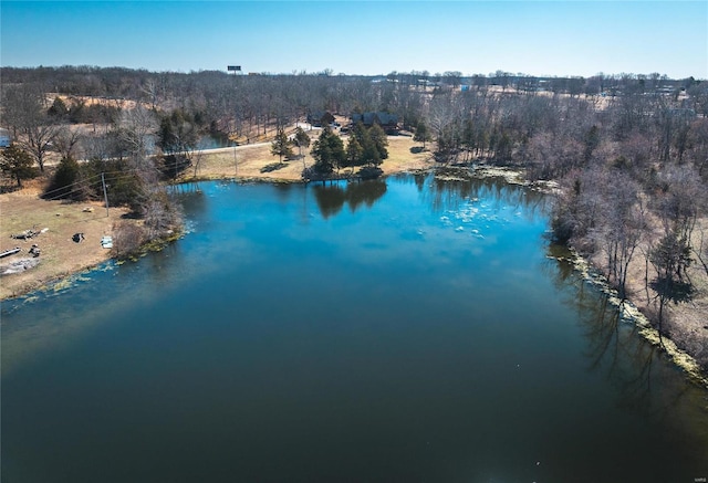 aerial view with a forest view and a water view