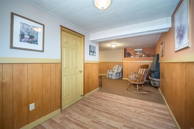 hall featuring wooden walls, wood finished floors, and wainscoting