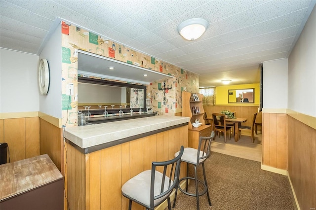 bar with a bar, a wainscoted wall, and wooden walls