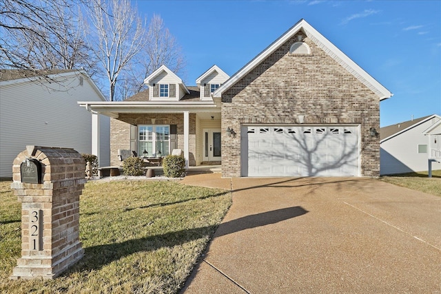 view of front of house featuring driveway, brick siding, an attached garage, a porch, and a front yard