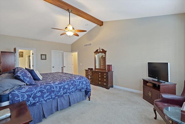 bedroom with baseboards, visible vents, ceiling fan, beamed ceiling, and carpet flooring