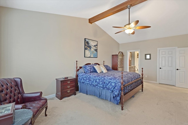 bedroom featuring light carpet, vaulted ceiling with beams, and baseboards