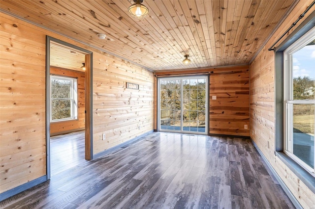 spare room with wooden ceiling, plenty of natural light, and dark wood finished floors