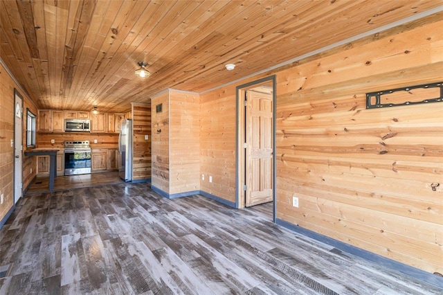 kitchen featuring appliances with stainless steel finishes, wood walls, dark wood finished floors, and wood ceiling