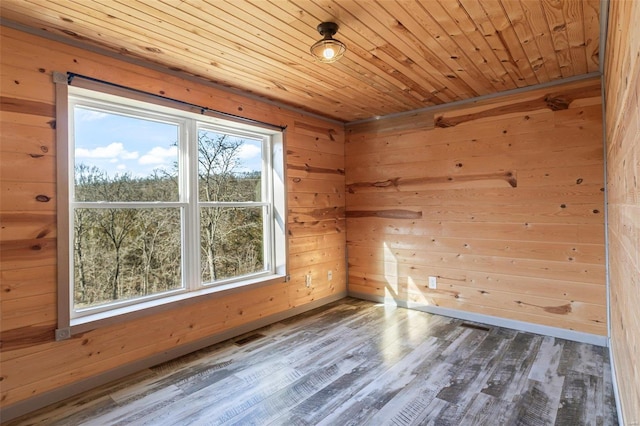 spare room featuring wood walls, wooden ceiling, and wood finished floors