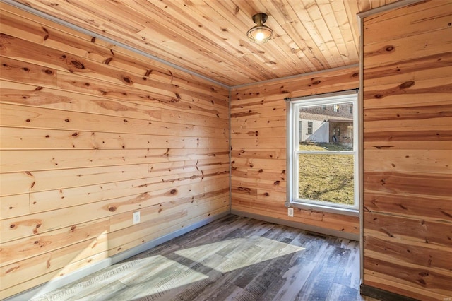 empty room featuring a sauna, wooden ceiling, wooden walls, and wood finished floors