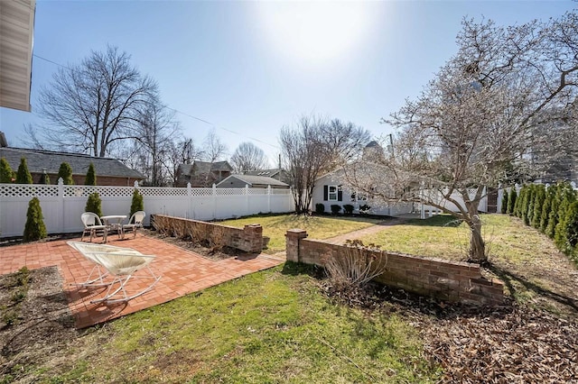 view of yard featuring a patio area and a fenced backyard