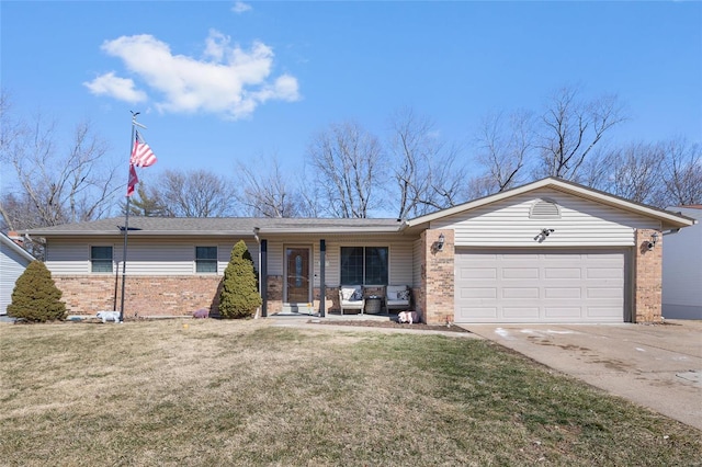 single story home featuring driveway, brick siding, and a front yard