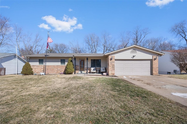 single story home with brick siding, driveway, and a front lawn