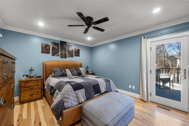 bedroom featuring baseboards, visible vents, access to exterior, crown molding, and light wood-type flooring