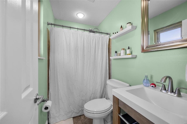 full bathroom with a shower with shower curtain, a textured ceiling, toilet, and vanity