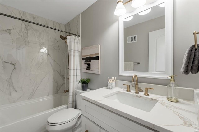 full bath with toilet, shower / bath combo, vanity, and visible vents