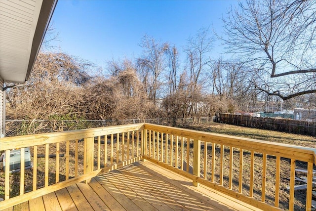 wooden terrace with a fenced backyard