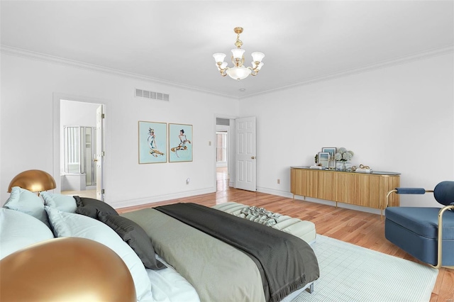 bedroom featuring a notable chandelier, ornamental molding, visible vents, and light wood-style floors