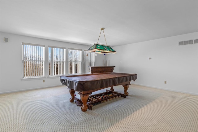 playroom with pool table, carpet flooring, visible vents, and baseboards