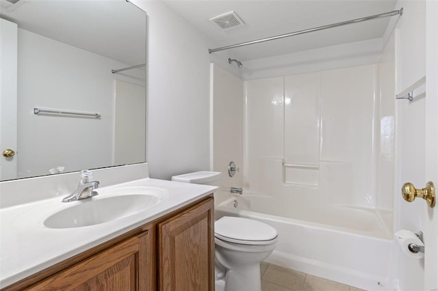 bathroom featuring visible vents, toilet, washtub / shower combination, vanity, and tile patterned flooring