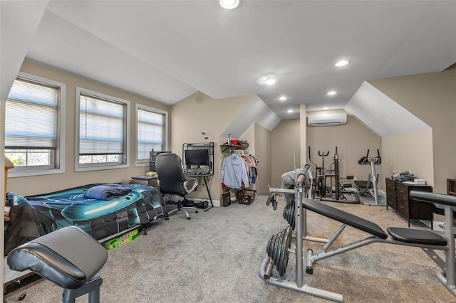 exercise area with lofted ceiling, an AC wall unit, carpet flooring, and recessed lighting