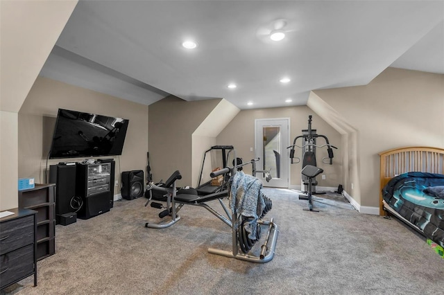 workout room with carpet, vaulted ceiling, baseboards, and recessed lighting