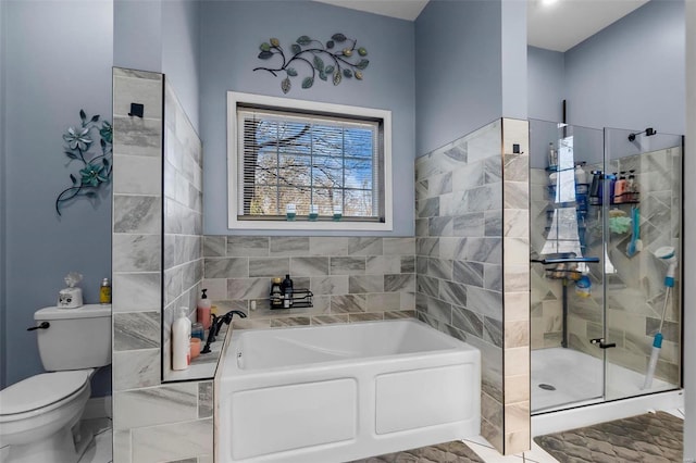 full bathroom featuring toilet, a shower stall, and a bath