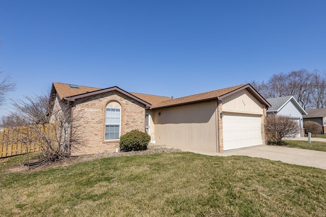 ranch-style house featuring driveway, a shingled roof, a front lawn, a garage, and brick siding