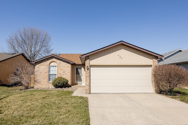 ranch-style home with a front yard, an attached garage, a shingled roof, concrete driveway, and brick siding