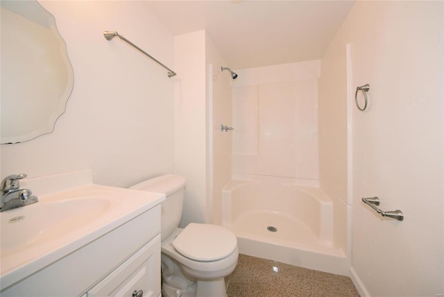 bathroom with toilet, speckled floor, a shower, and vanity