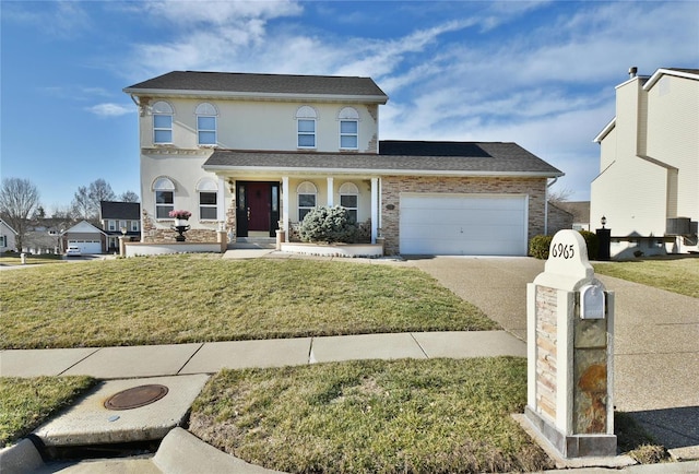 traditional home with a garage, central AC, a front lawn, and concrete driveway