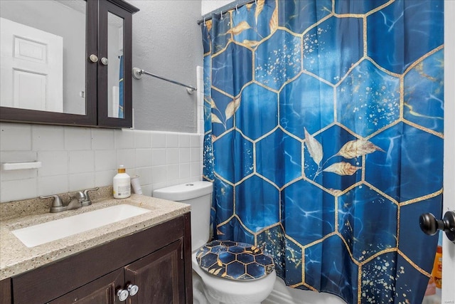 bathroom featuring decorative backsplash, toilet, a shower with curtain, vanity, and tile walls