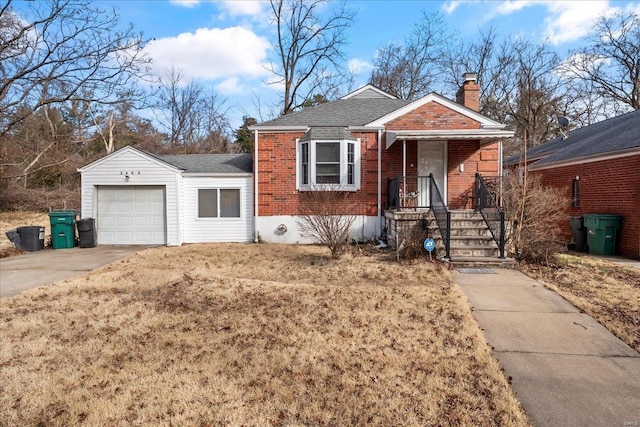 bungalow-style home with brick siding, roof with shingles, a chimney, concrete driveway, and an attached garage