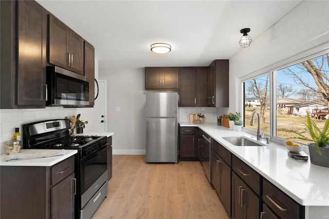 kitchen featuring a sink, dark brown cabinets, and stainless steel appliances