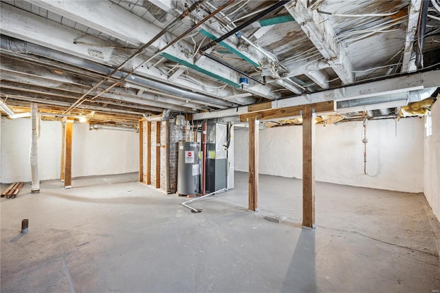 unfinished basement featuring heating unit and water heater