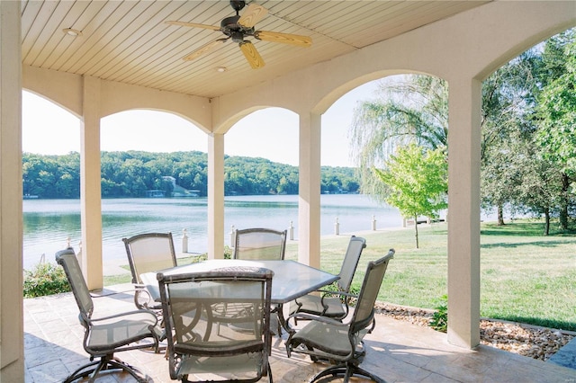 view of patio / terrace with outdoor dining space, a water view, and ceiling fan