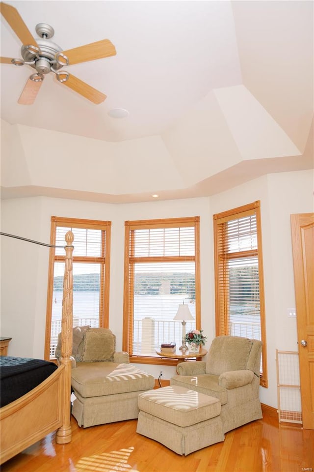 living room featuring a ceiling fan, a raised ceiling, and wood finished floors