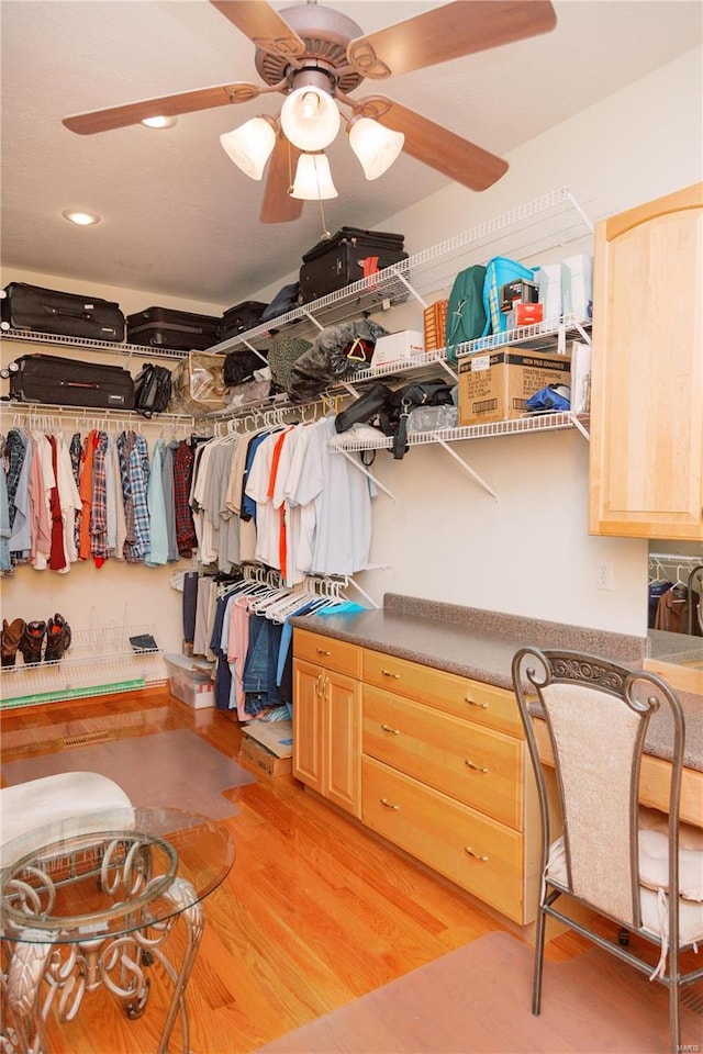 spacious closet featuring light wood-style floors and a ceiling fan