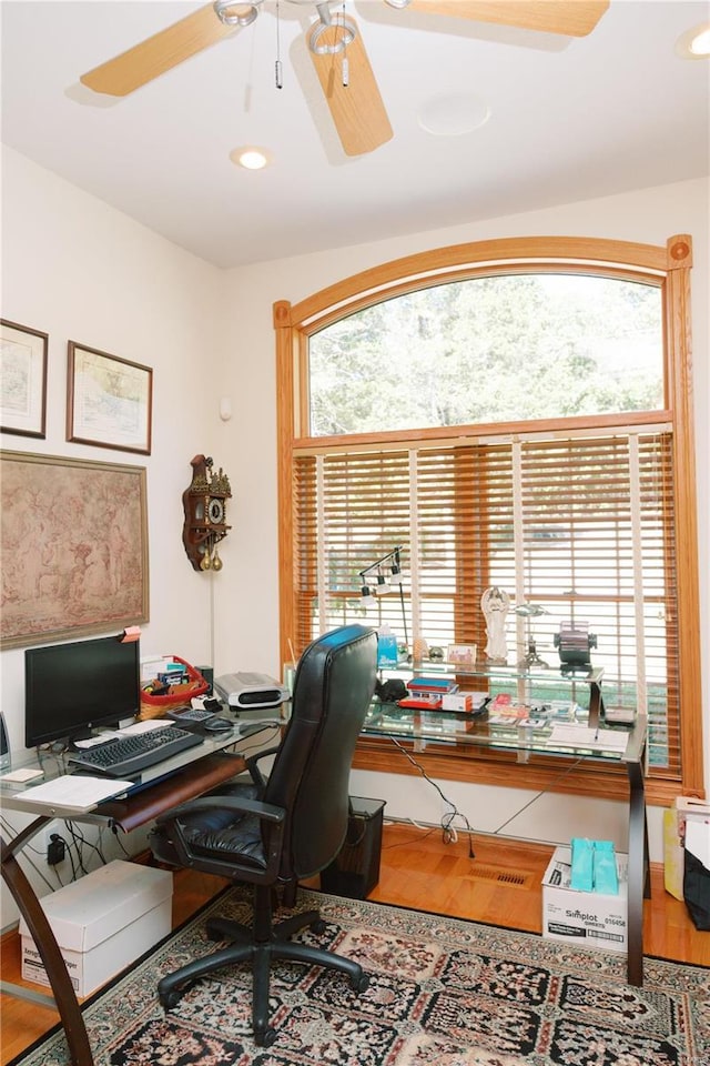 office space featuring ceiling fan and wood finished floors